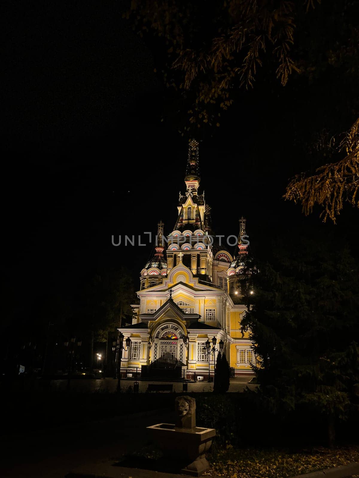 Orthodox Cathedral in the park in Almaty at night by Pukhovskiy