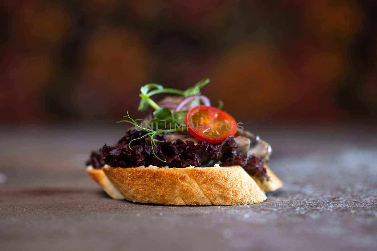 close-up bruschetta with mushroom sauce and tomato by Pukhovskiy