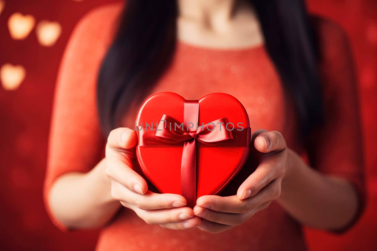 Woman's hands with a heart-shaped gift box against a red backdrop by andreyz