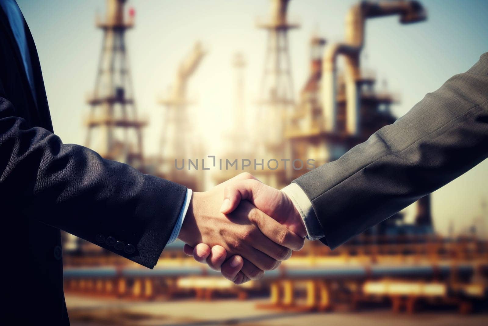 Businessmen shaking hands on background with oil derricks. Business deal concept by andreyz