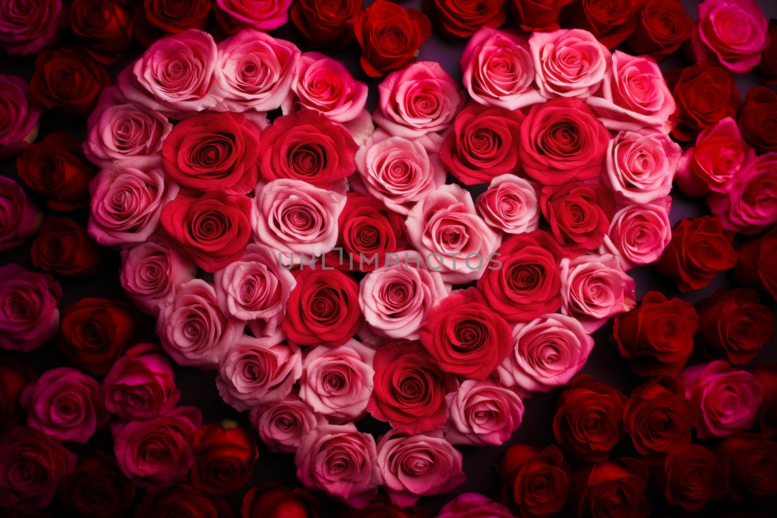 Rose flowers are artfully arranged in the shape of a heart, creating a romantic floral masterpiece. Valentine's Day background. Top view background.