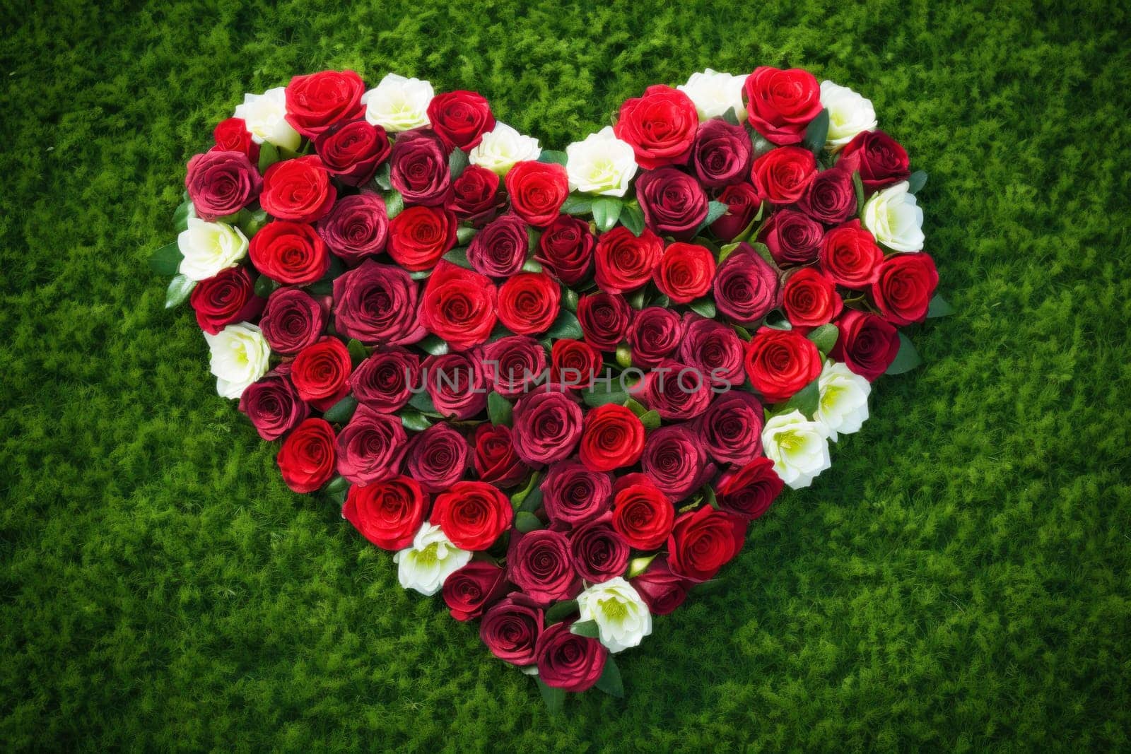 Rose flowers are artfully arranged in the shape of a heart, creating a romantic floral masterpiece. Valentine's Day background. Top view background.