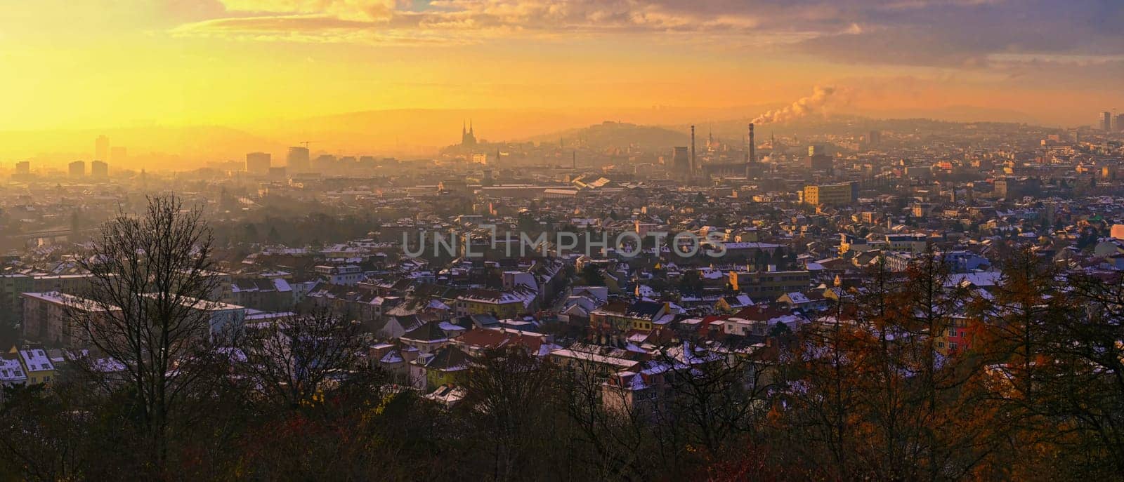 Brno city in the Czech Republic. Europe. Petrov - Cathedral of Saints Peter and Paul and Spilberk castle. Beautiful old architecture and a popular tourist destination. Photography of the city landscape in sunset.  by Montypeter