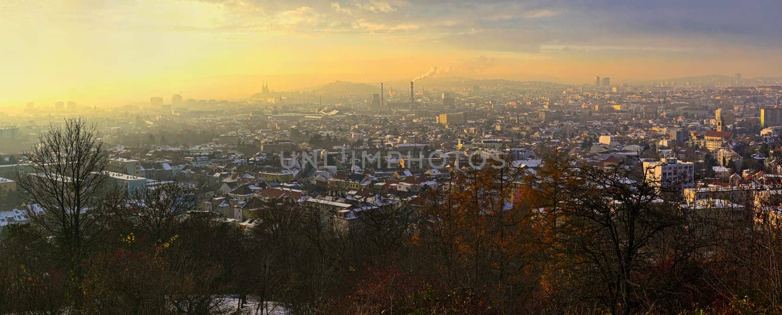 Brno city in the Czech Republic. Europe. Petrov - Cathedral of Saints Peter and Paul and Spilberk castle. Beautiful old architecture and a popular tourist destination. Photography of the city landscape in sunset.  by Montypeter