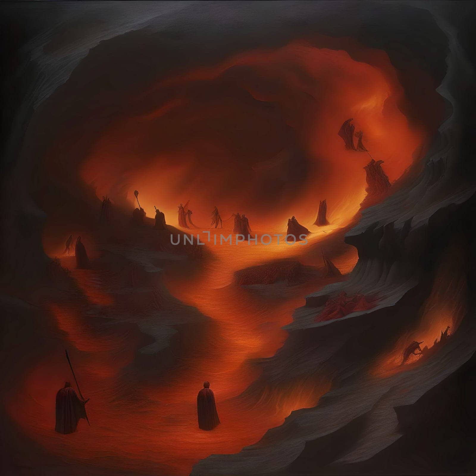 AI generated illustration. Dante Alighieri standing at the threshold of of Hell.