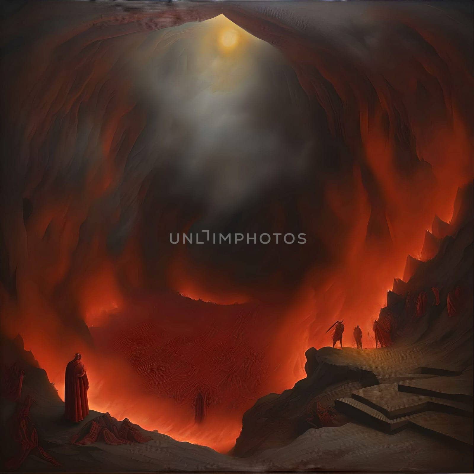 AI generated illustration. Dante Alighieri standing at the threshold of of Hell.