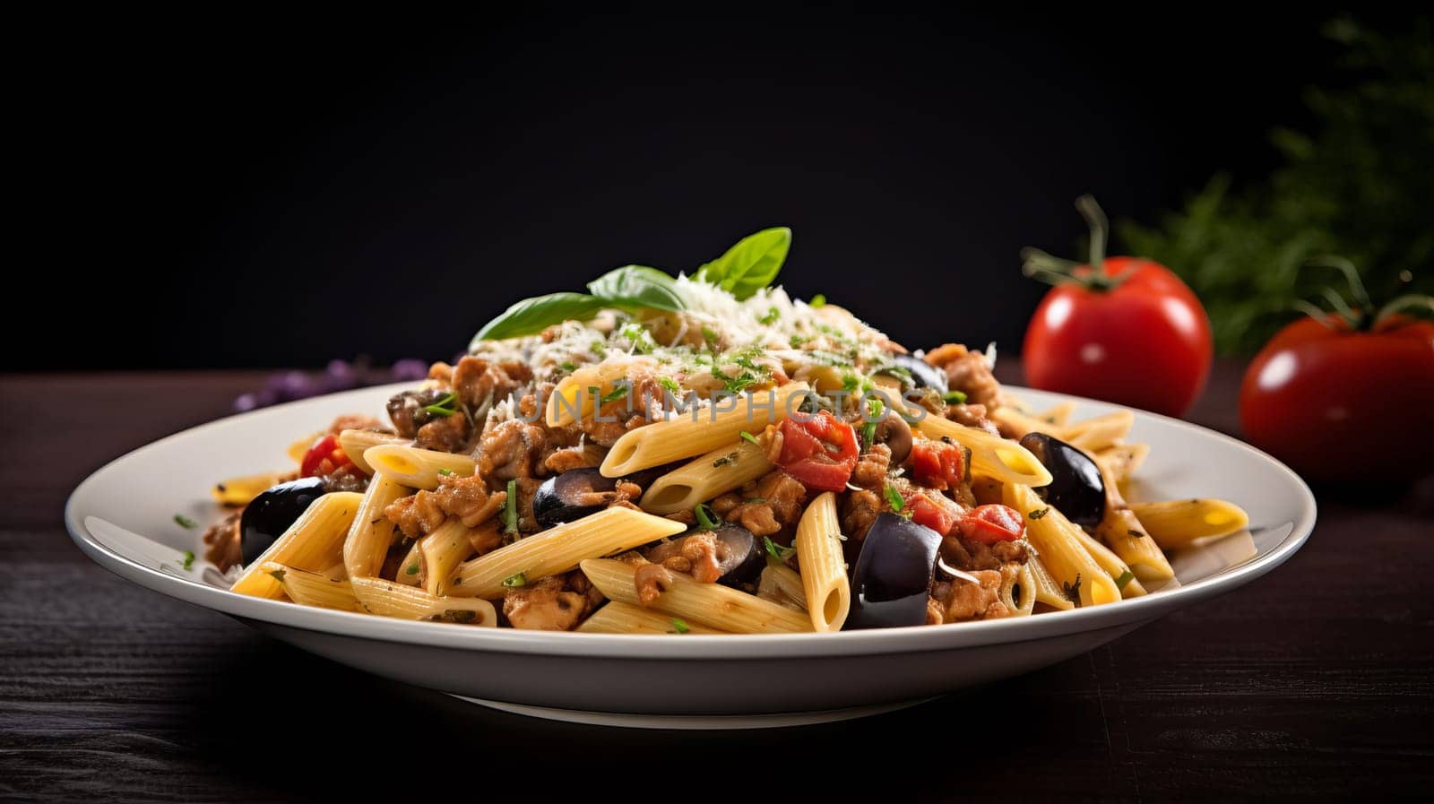 A serving of Sicilian pasta with penne, tuna, eggplant, tomatoes, Parmesan, basil and garlic, AI generated.
