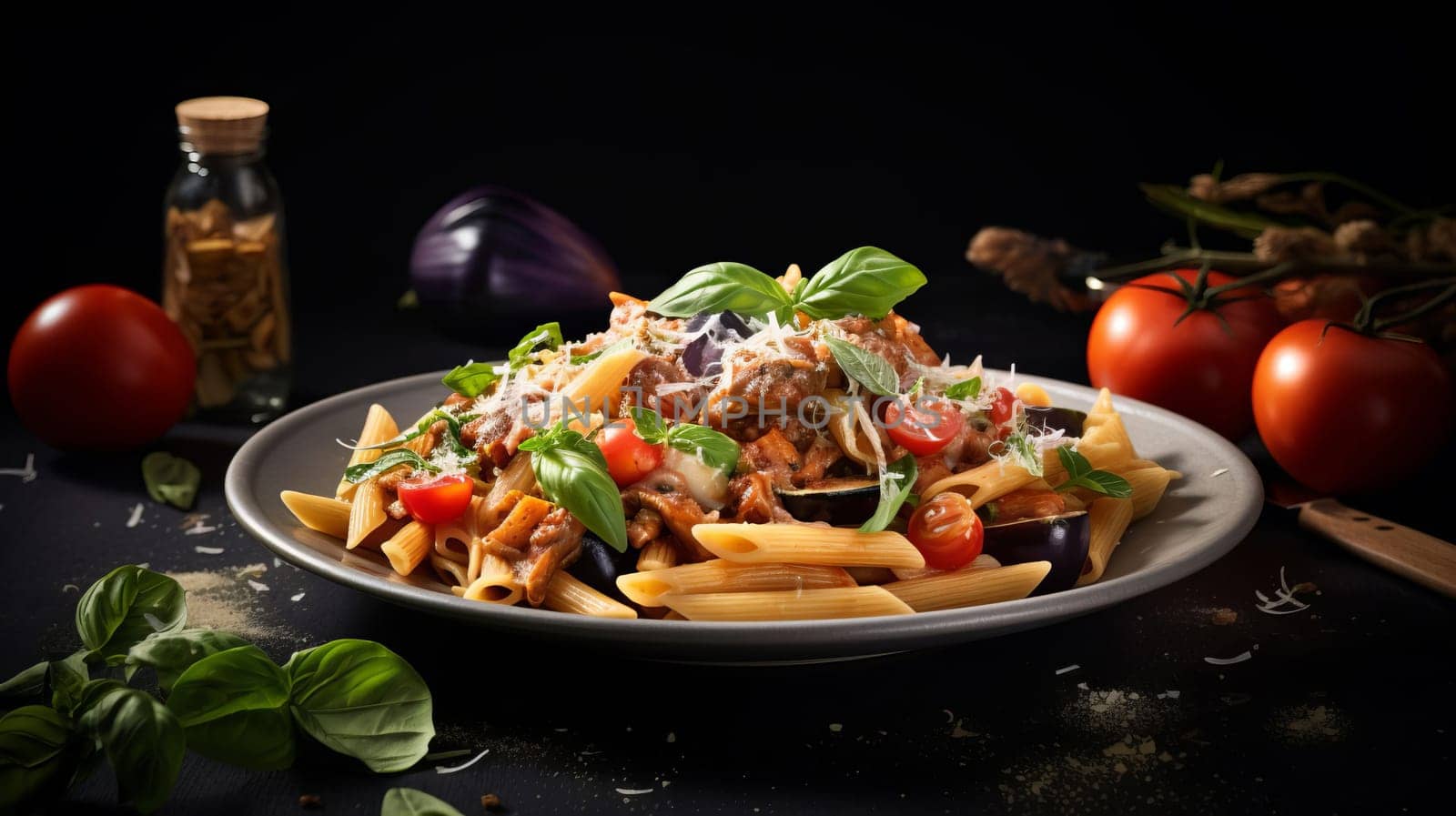 A serving of Sicilian pasta with penne, tuna, eggplant, tomatoes, Parmesan, basil and garlic, AI generated.