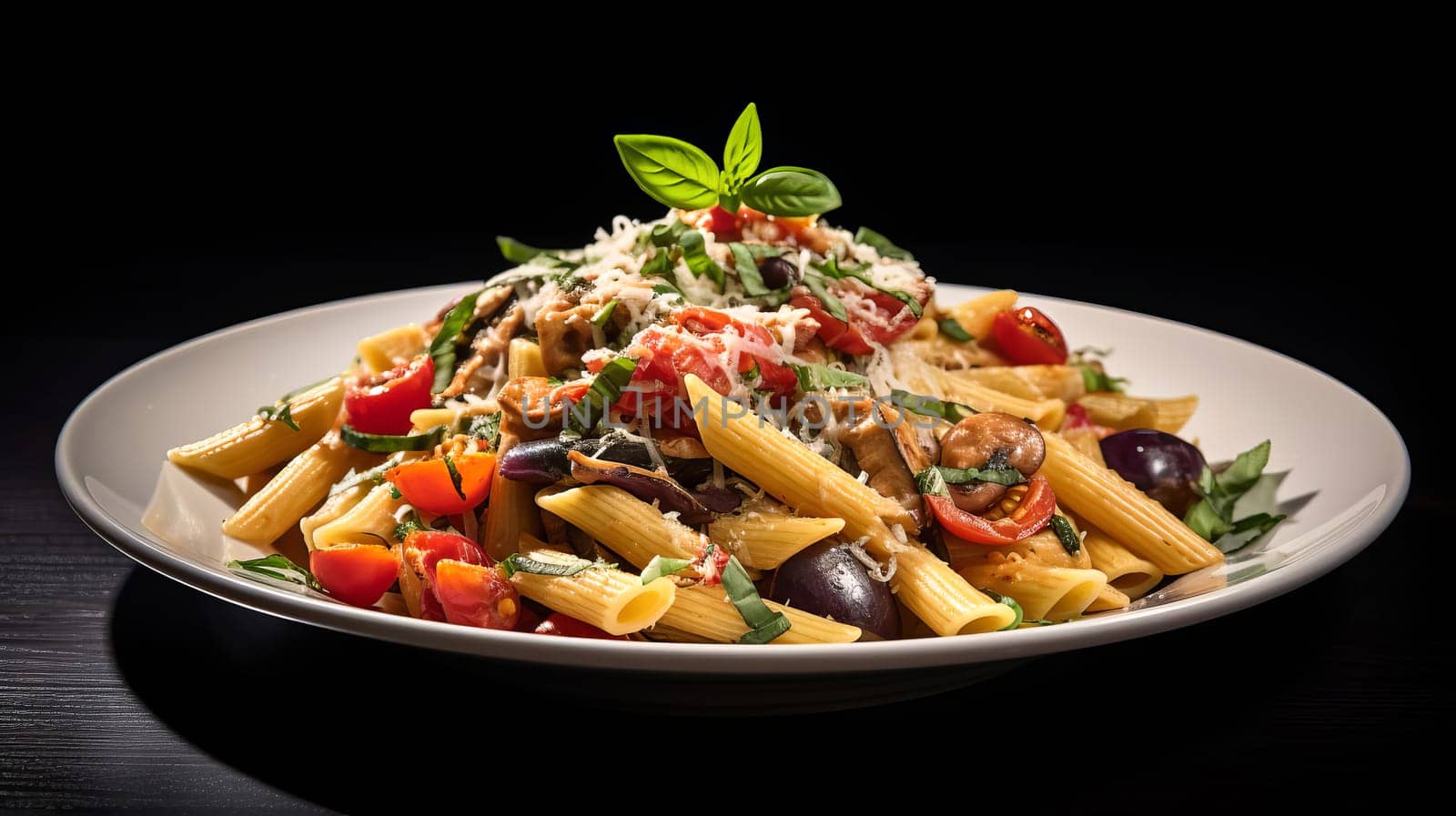 A serving of Sicilian pasta with penne, tuna, eggplant, tomatoes, Parmesan, basil and garlic, AI generated.