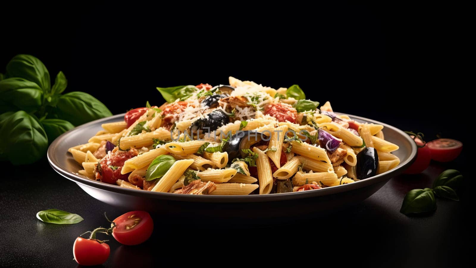 A serving of Sicilian pasta with penne, tuna, eggplant, tomatoes, Parmesan, basil and garlic, AI generated.