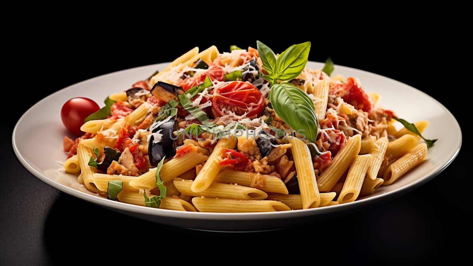 A serving of Sicilian pasta with penne, tuna, eggplant, tomatoes, Parmesan, basil and garlic, AI generated.