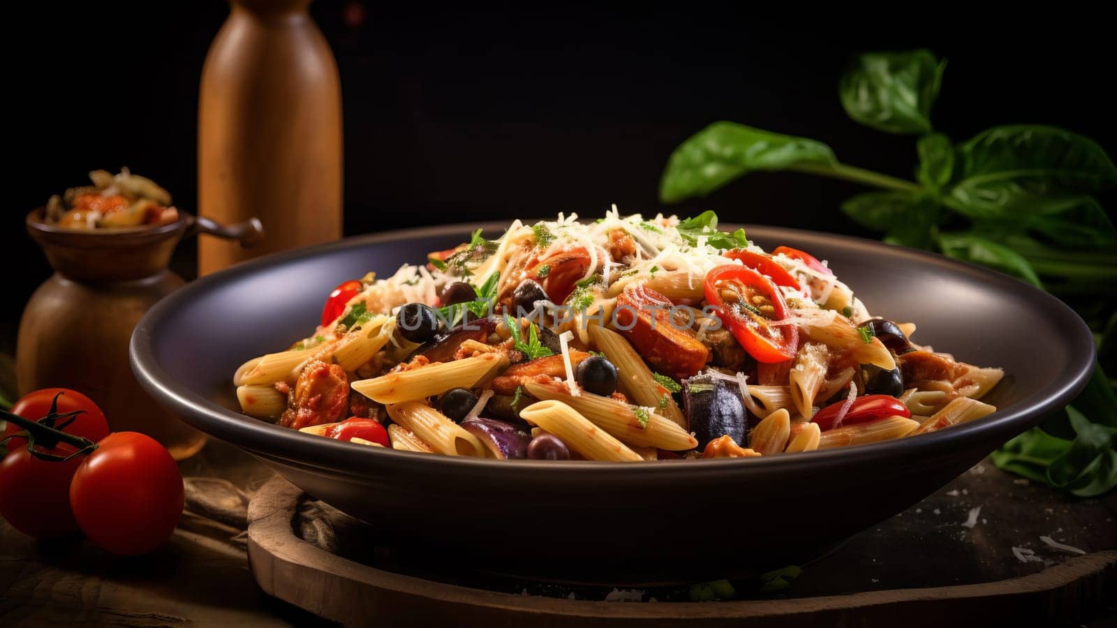 A serving of Sicilian pasta with penne, tuna, eggplant, tomatoes, Parmesan, basil and garlic, AI generated.