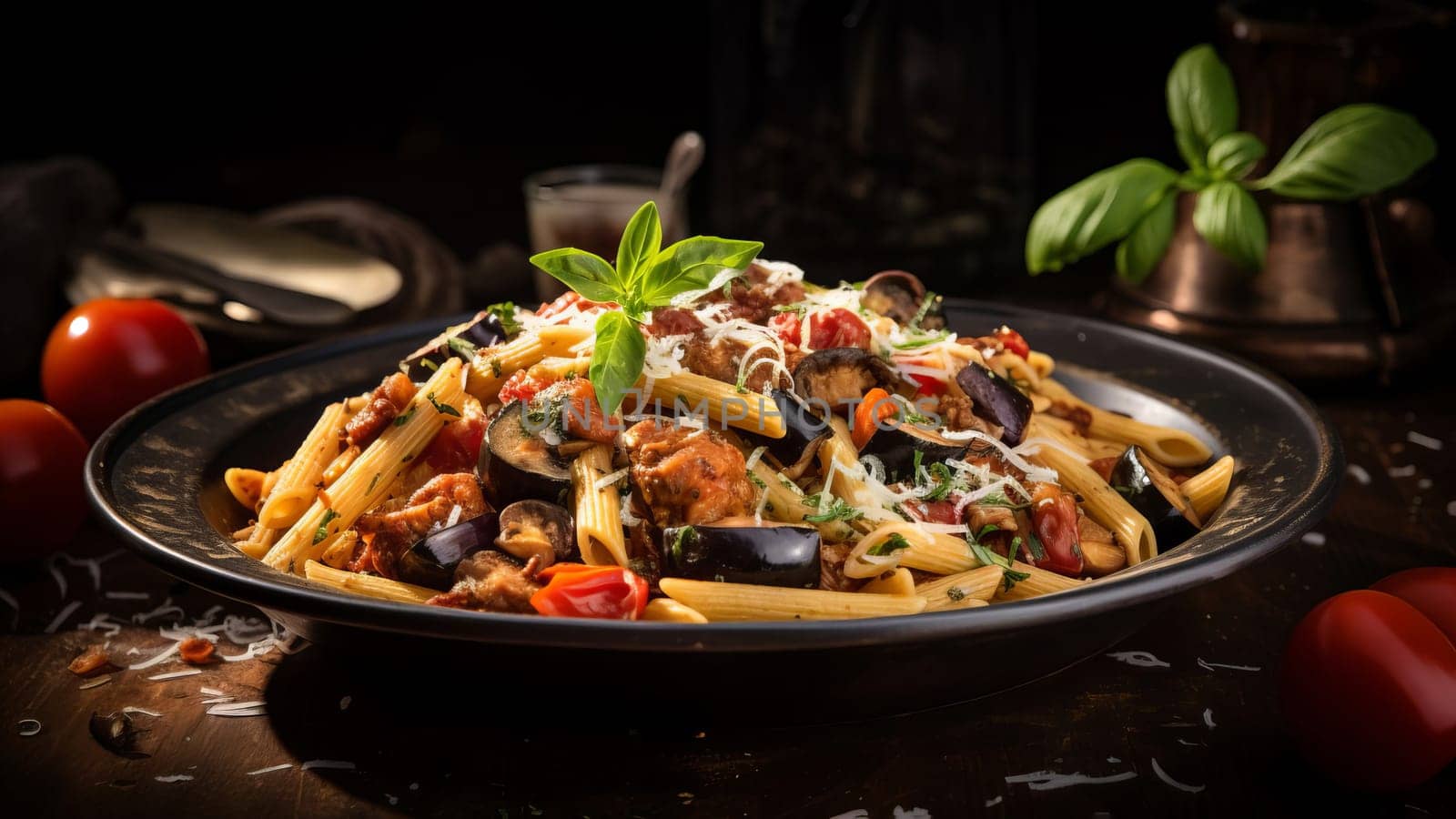 A serving of Sicilian pasta with penne, tuna, eggplant, tomatoes, Parmesan, basil and garlic, AI generated.