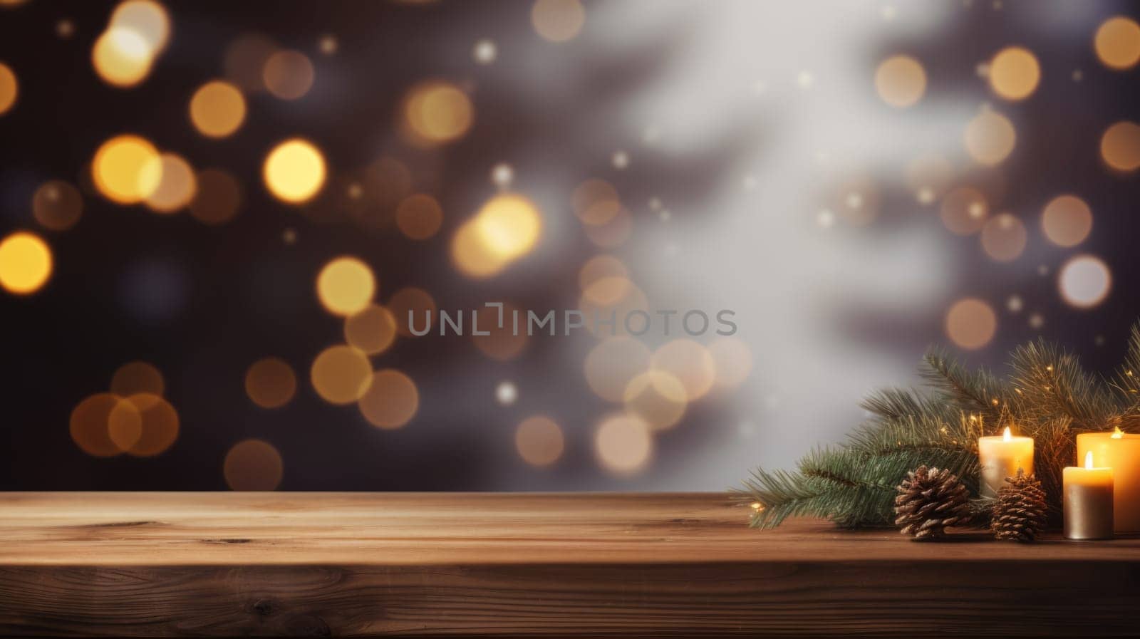 Merry Christmas and Happy New Year background with empty wooden table over Christmas tree and blurred light bokeh. Empty display for product placement. Rustic vintage Xmas 2024 background. comeliness