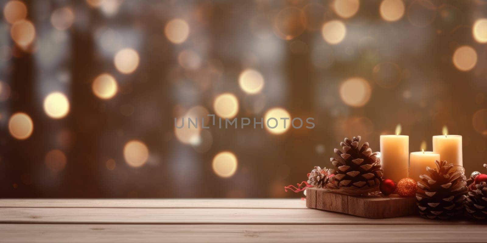 Merry Christmas and Happy New Year background with empty wooden table over Christmas tree and blurred light bokeh. Empty display for product placement. Rustic vintage Xmas 2024 background. comeliness