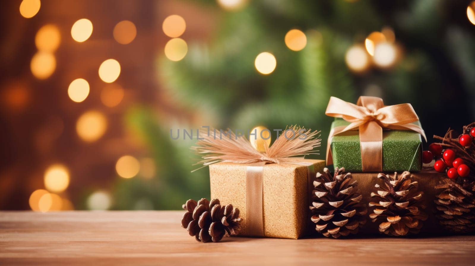 Christmas gift boxes on a wood table ready for joyful holiday celebration, merry Christmas and happy new year 2024 festival comeliness