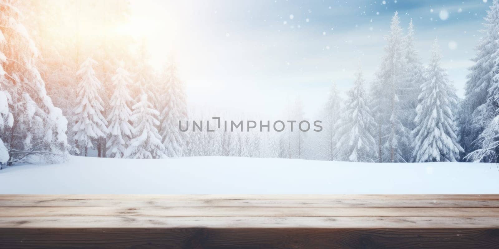 Empty table in beautiful winter landscape, wood plank board in snow mountain outdoor comeliness