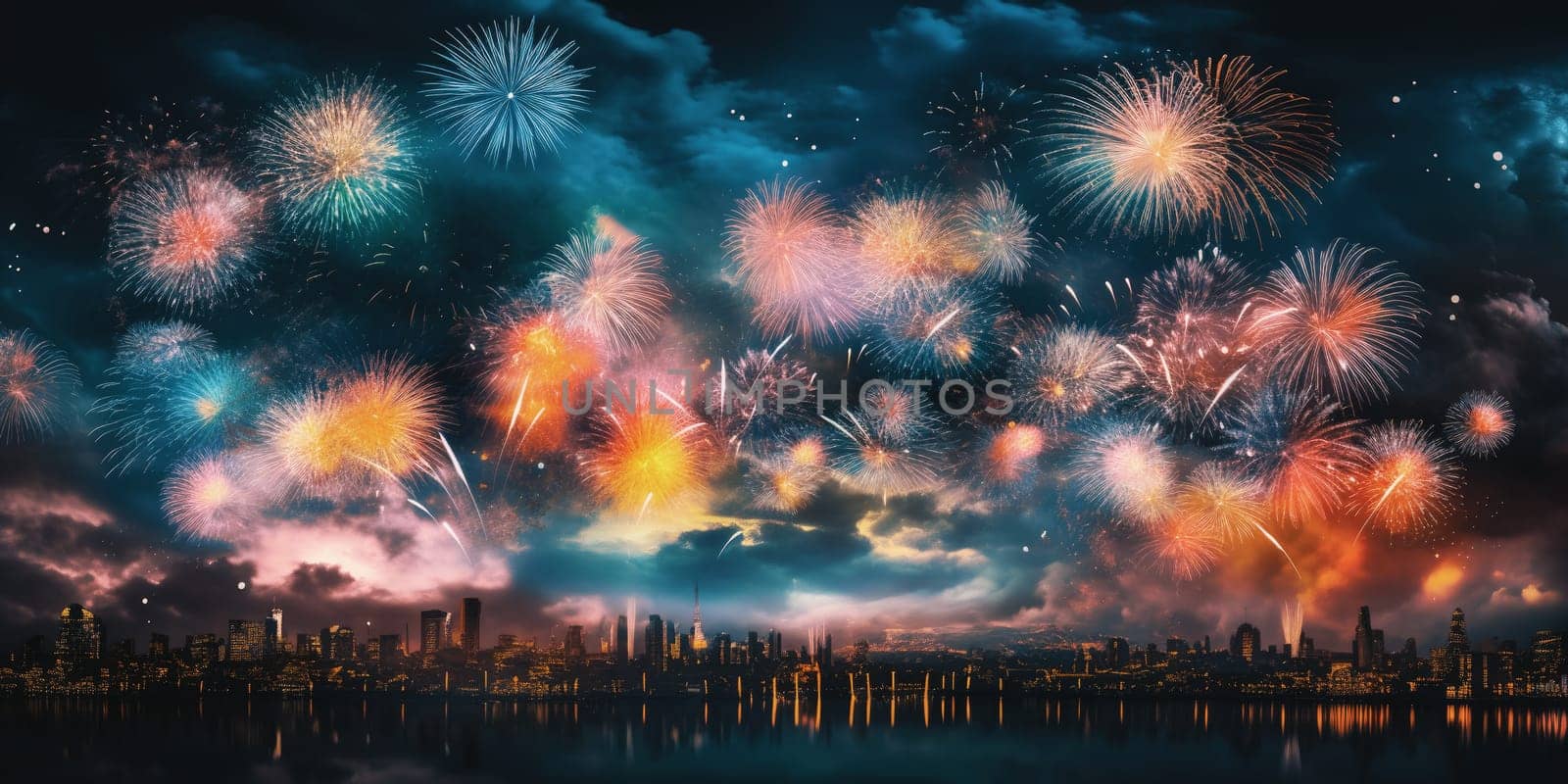 Firework explosion in the night sky celebrating happy new year 2024 by biancoblue