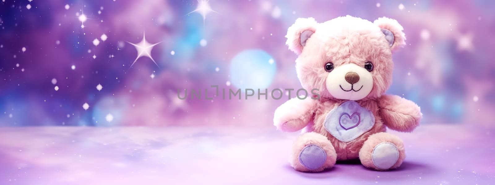 plush teddy bear with a heart on its chest, set against a whimsical, starry background, conveying warmth and comfort. banner with copy space by Edophoto