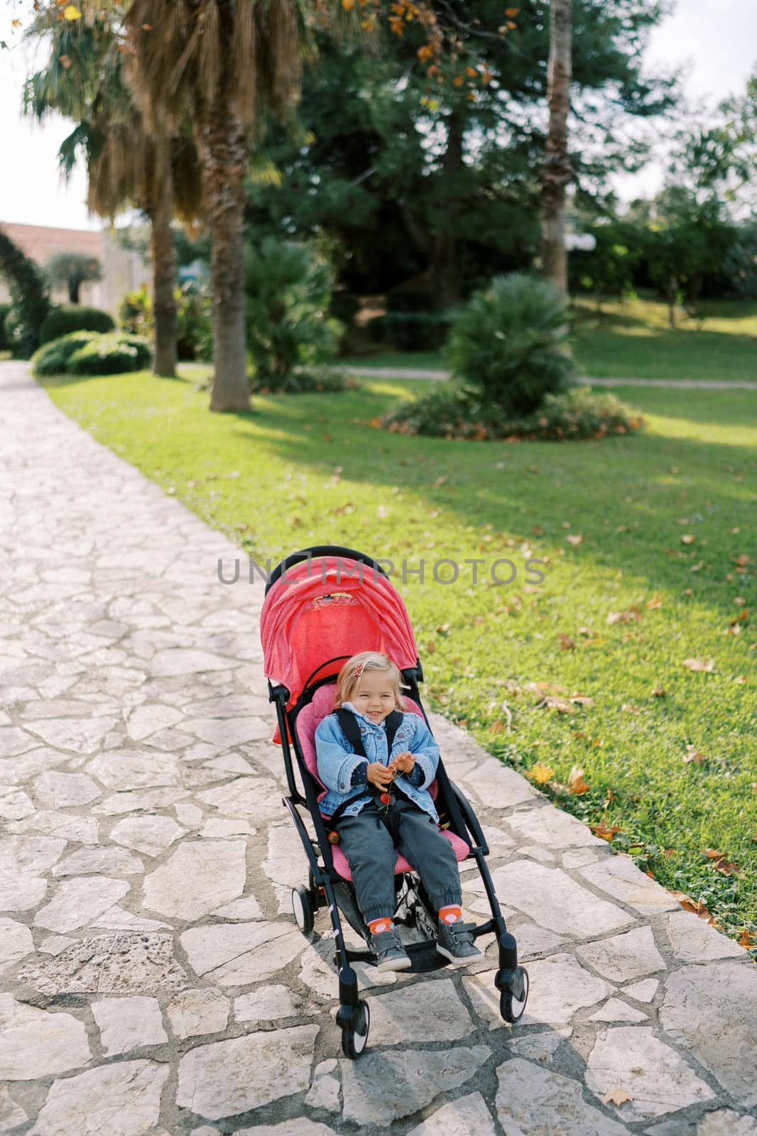 Little smiling girl sits in a stroller on a path in a green park. High quality photo