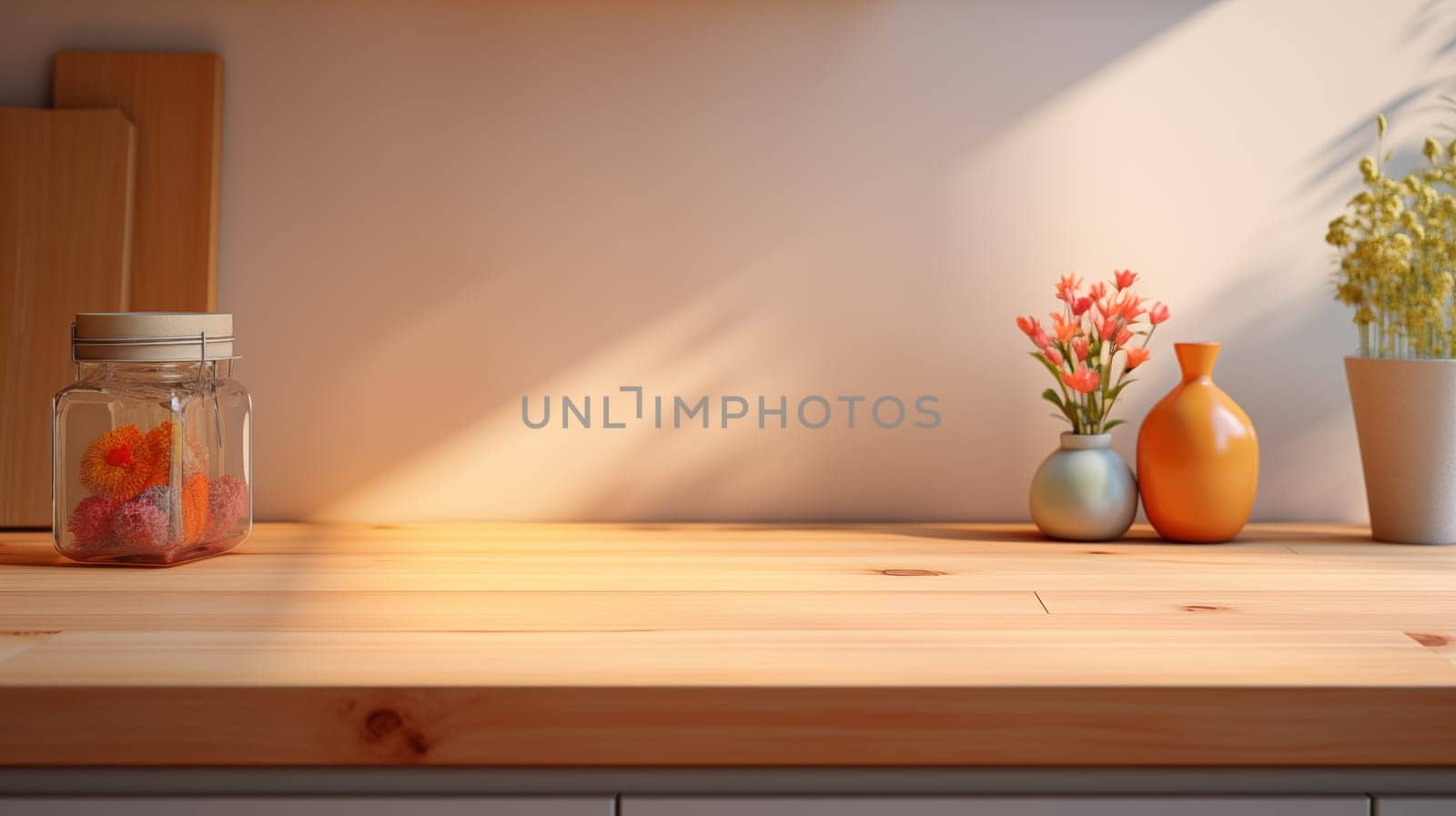 wooden countertop with a glass jar and a vase of flowers, against the background of a peach wall, in the kitchen