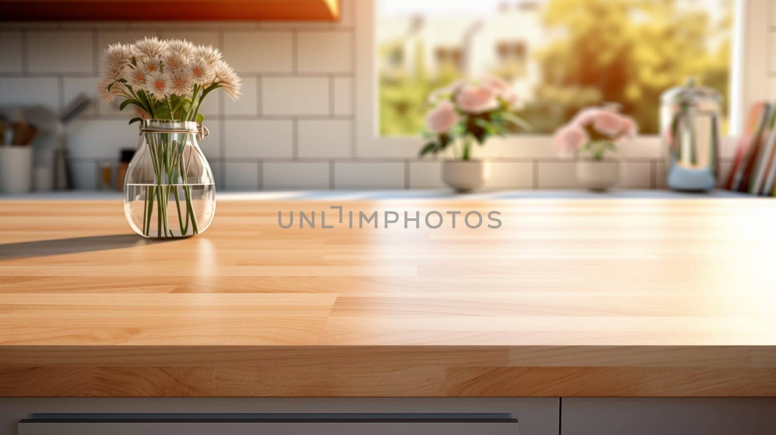 wooden tabletop with a glass vase with flowers, against the background of a blurred interior of a white modern kitchen with a window and flower in pots