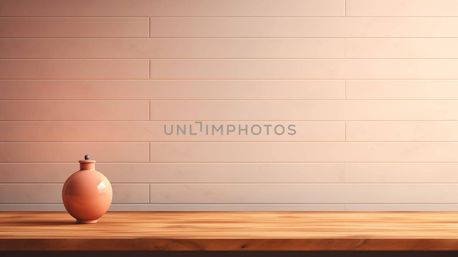 wooden countertop with a vase, against the background of a peach-color wall.Place for your product