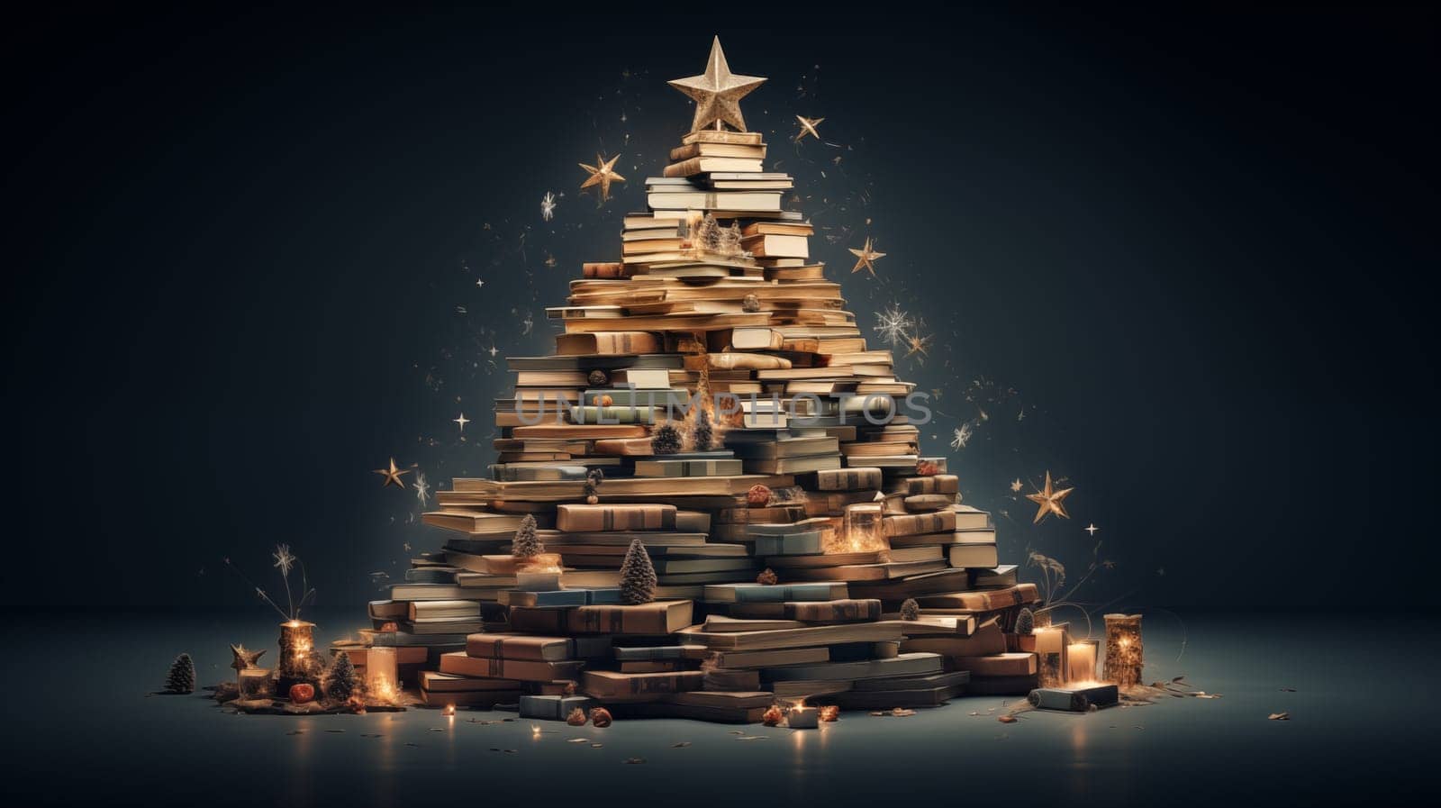 An unusual magical Christmas tree made of books stands on dark background.