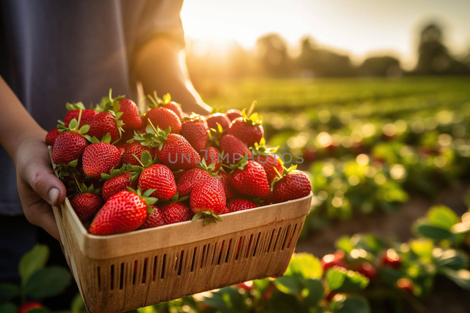 Hands holding a container with strawberries against the background of a green plantation.