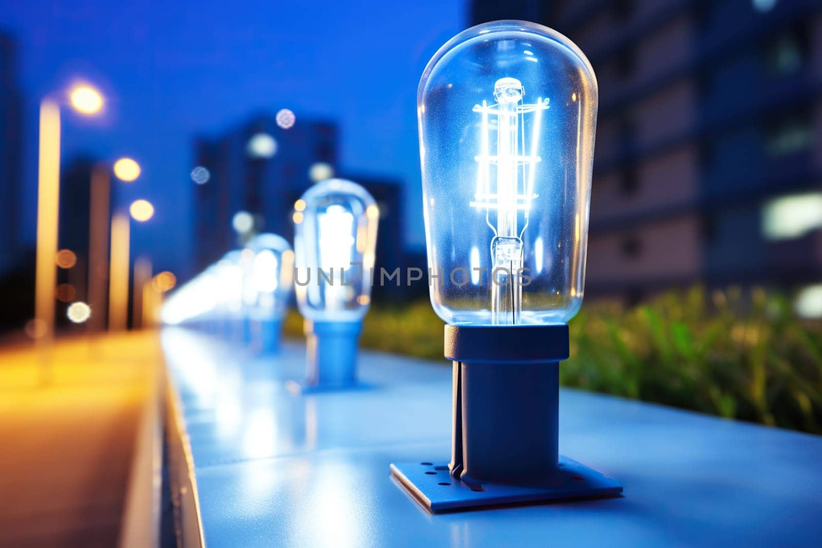 Light bulb against the backdrop of a blurred city in the evening. Electric energy concept.