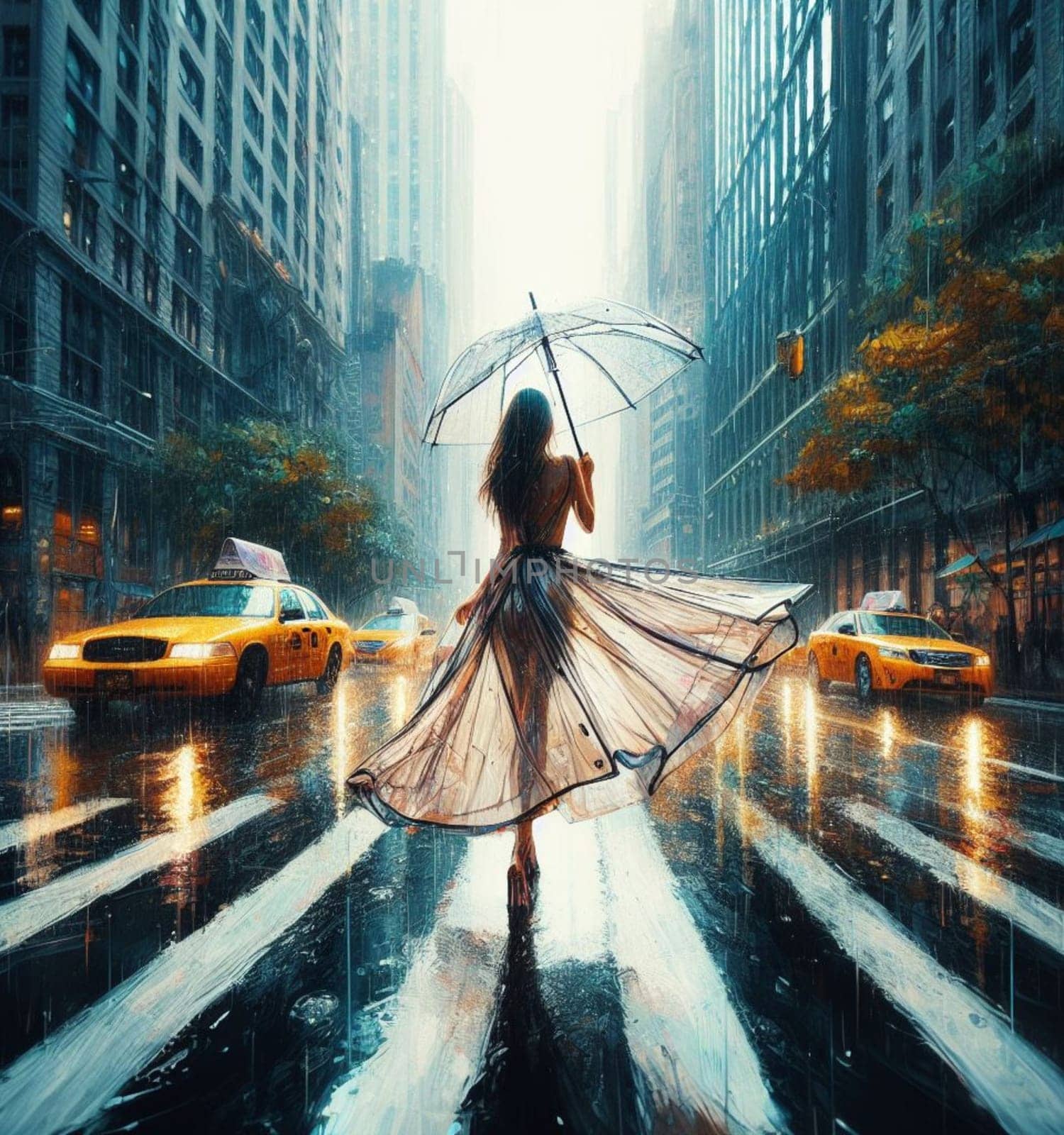 voluptous woman umbrella joyful under the rain New York City among traffic crossing street painting by verbano