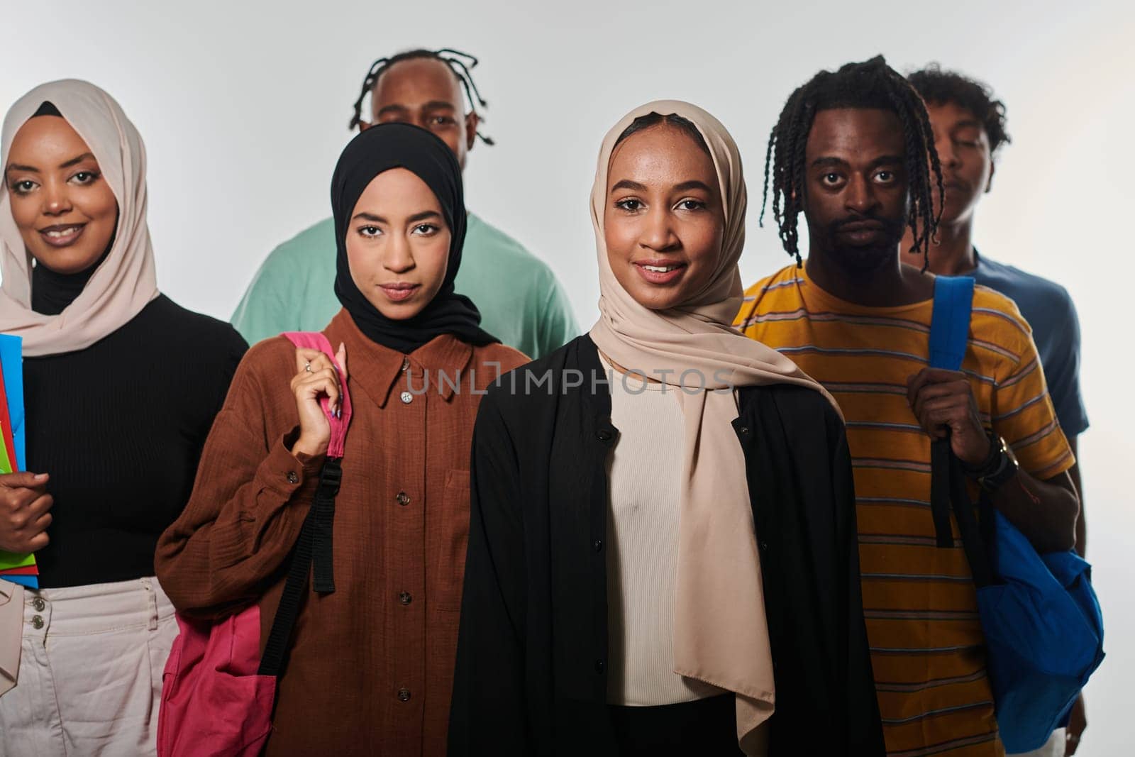 In a vibrant display of educational diversity, a group of students strikes a pose against a clean white background, holding backpacks, laptops, and tablets, symbolizing a blend of modern technology, unity, and cultural inclusivity in their academic journey by dotshock