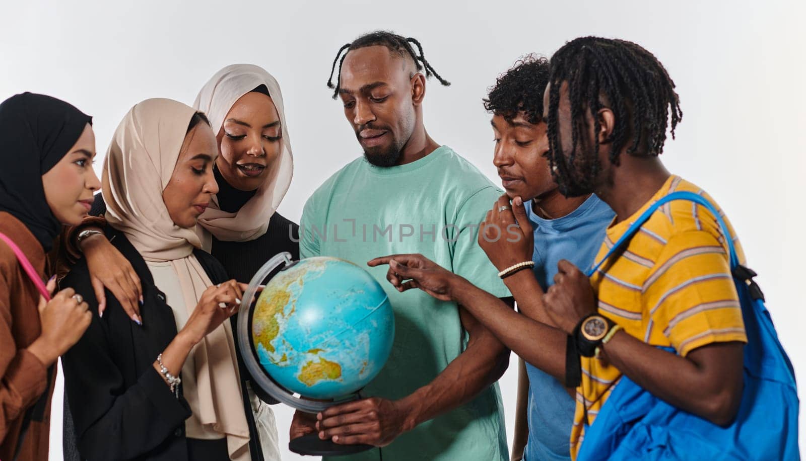 A diverse group of students is gathered around a globe, engrossed in exploration and study, their vibrant energy captured against a pristine white background, symbolizing unity and curiosity in their educational journey by dotshock