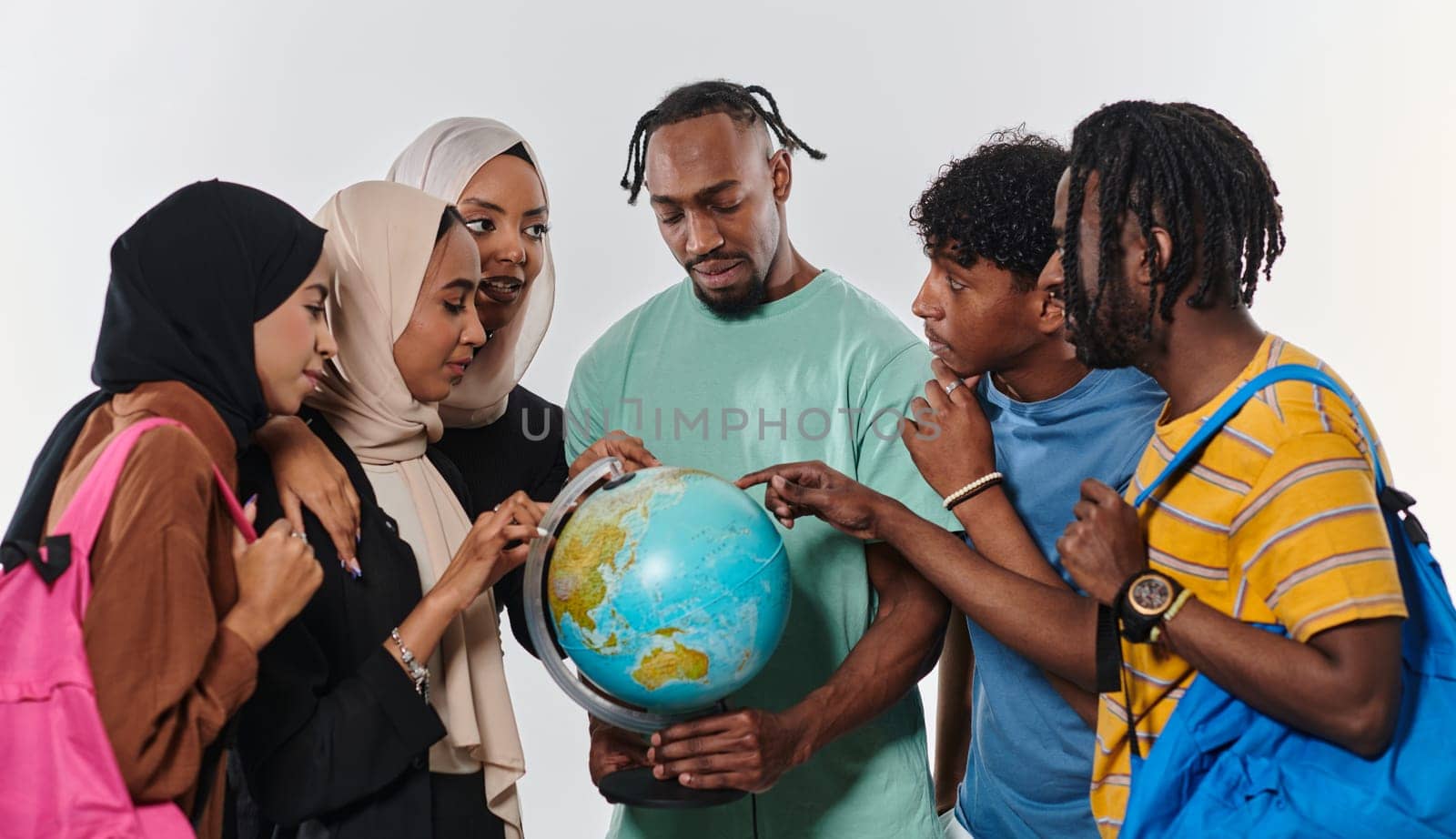 A diverse group of students is gathered around a globe, engrossed in exploration and study, their vibrant energy captured against a pristine white background, symbolizing unity and curiosity in their educational journey.