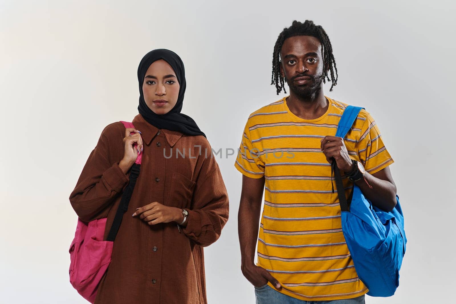 Against a clean white background, two students, an African American young man and a hijab-wearing woman, collaboratively use laptops in a display of technological empowerment and inclusive education, embodying the unity and diversity within the academic journey by dotshock