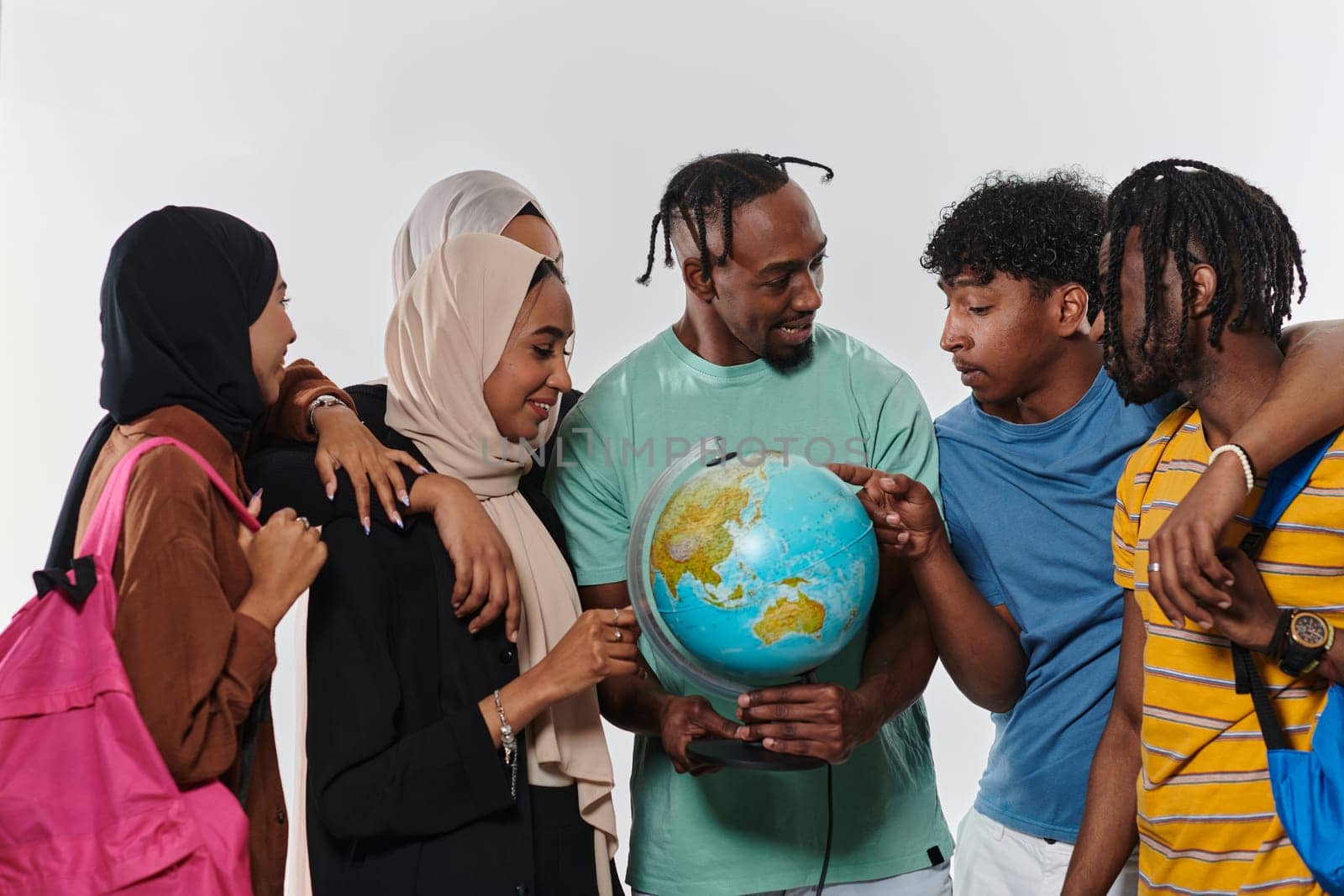 A diverse group of students is gathered around a globe, engrossed in exploration and study, their vibrant energy captured against a pristine white background, symbolizing unity and curiosity in their educational journey.