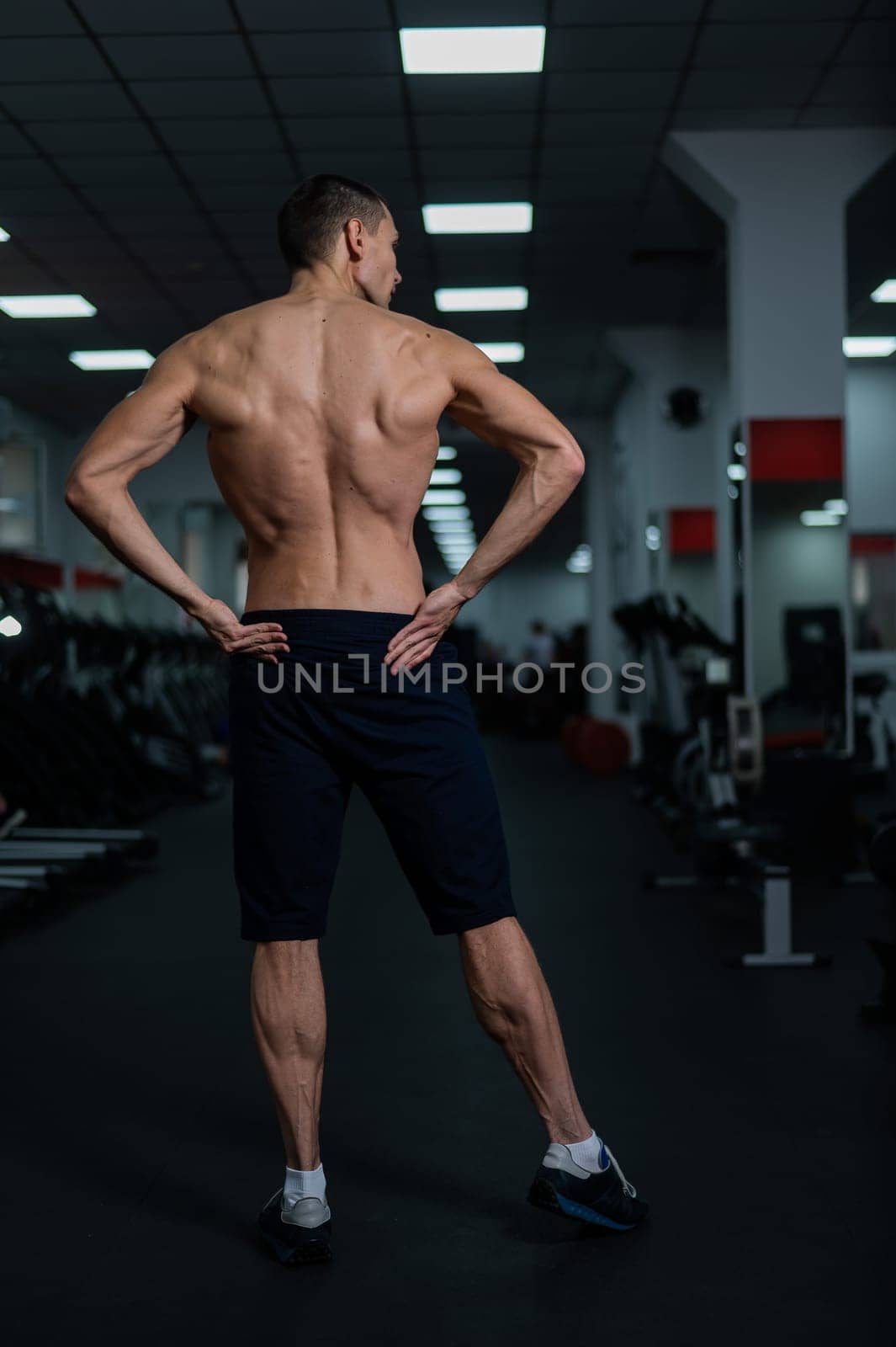 Back view of shirtless man with sculpted body in gym