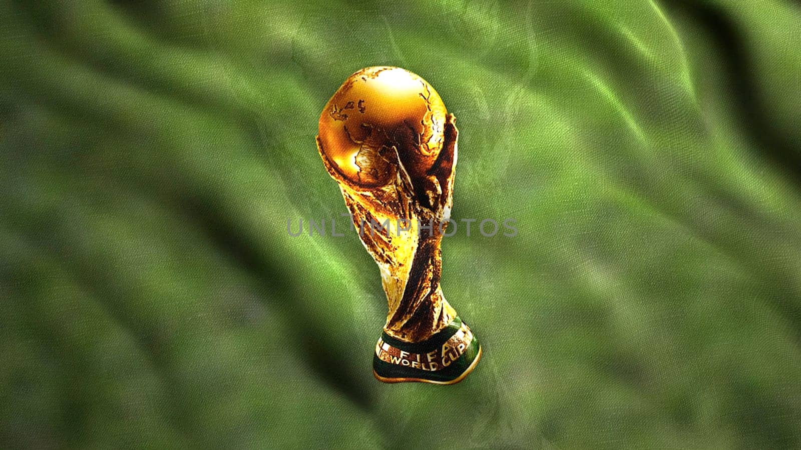 Abstract golden FIFA World Cup Trophy on a green fabric of a flag. Motion. Waving sport flag, seamless loop. For editorial use only. by Mediawhalestock