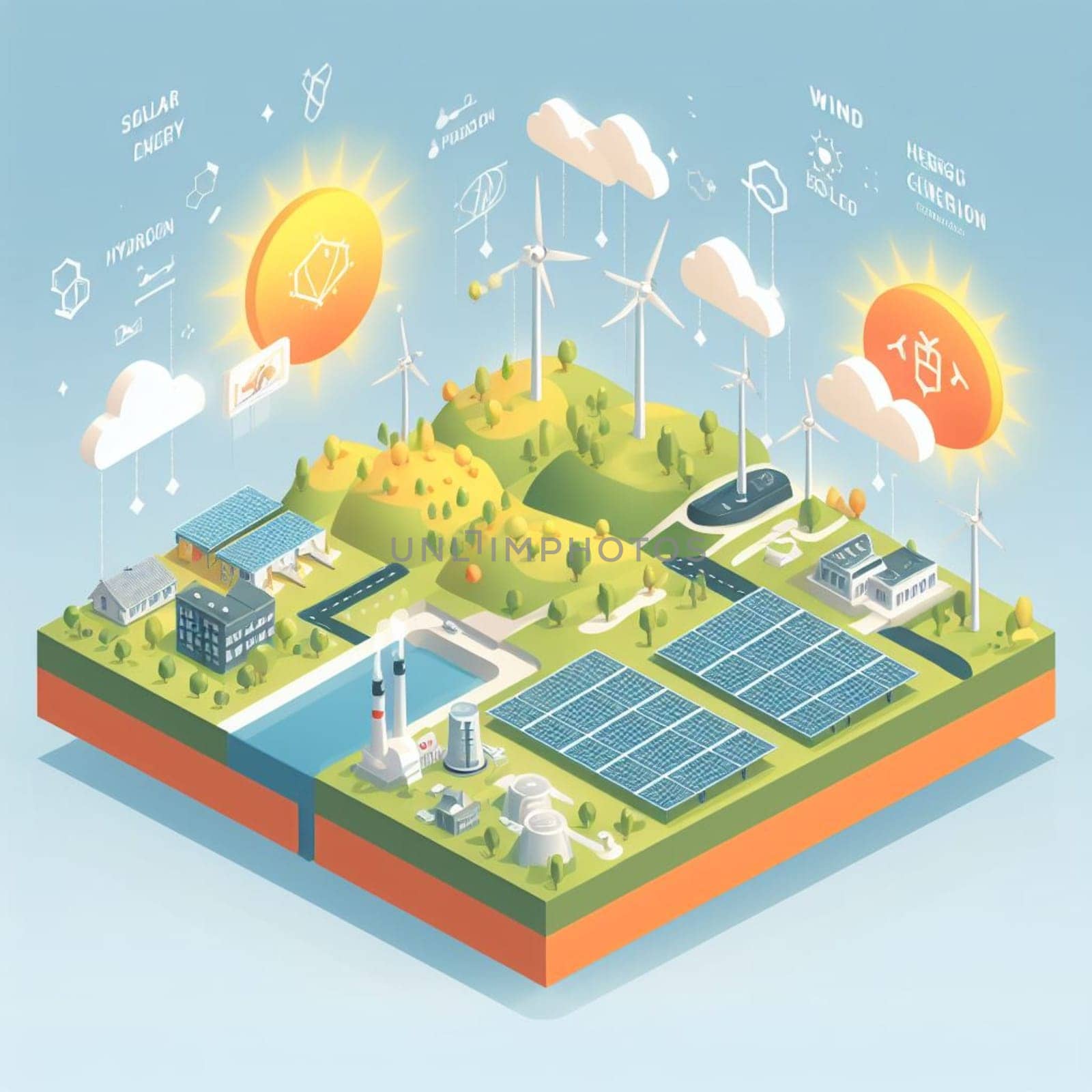 info graphic isometric depicting a set of clean energyy generation icons and situation for better future ai art