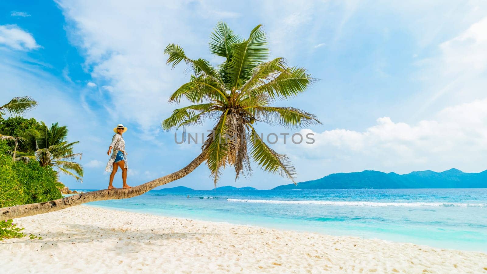 Asian woman relaxing at a coconut palm tree on a white tropical beach at La Digue Seychelles Islands by fokkebok