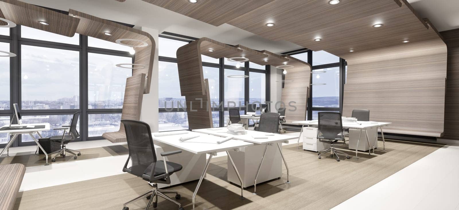 3D interior of bright open office interior space. Render of concept design