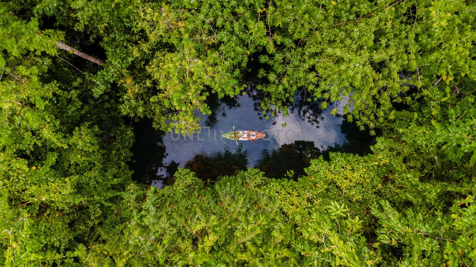 couple in a kayak in the jungle of Krabi Thailand, men and women in a kayak at a tropical rainforest in Krabi mangrove forest.