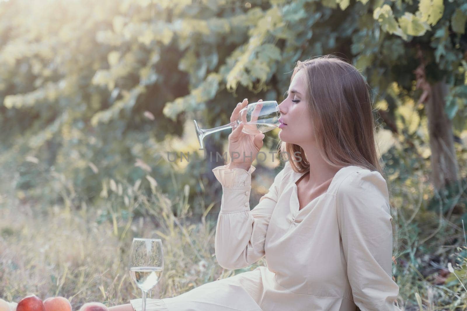 Picnic and wine tasting at sunset in the hills of Italy, Tuscany. Vineyards and open nature in the summer. Romantic dinner, fruit and wine.