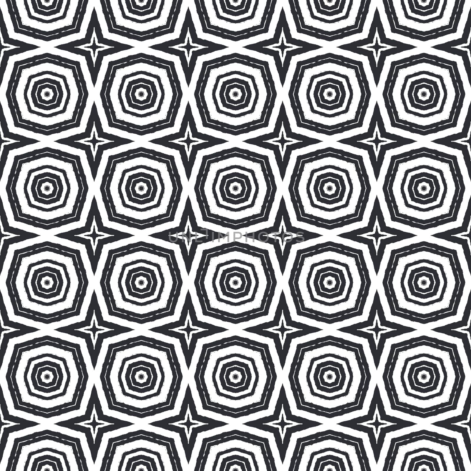 Ikat repeating swimwear design. Black symmetrical kaleidoscope background. Summer ikat sweamwear pattern. Textile ready mesmeric print, swimwear fabric, wallpaper, wrapping.