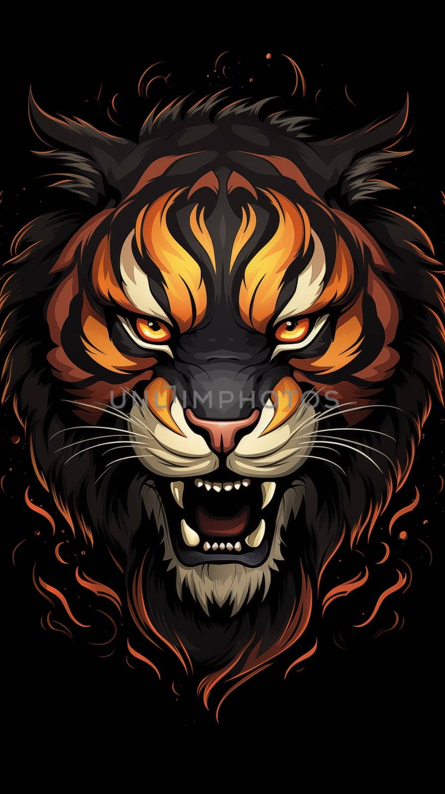 head of an angry tiger on a black background, cartoon style by Zakharova