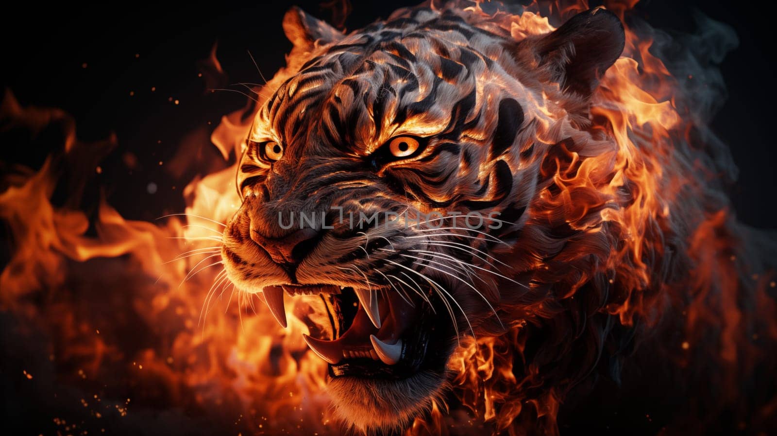 Head of an angry, fiery tiger, with open mouth and burning eyes, on a black background.