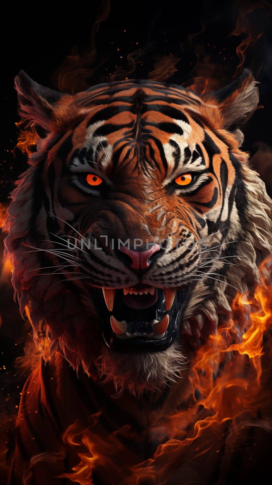 Front view of head of an angry, fiery tiger, on a black background. Vertical