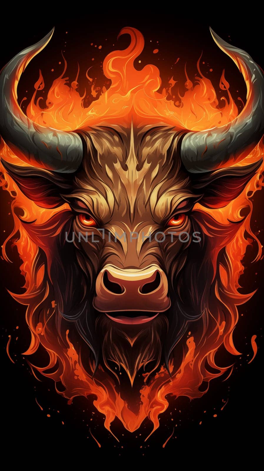 A burning Head of bull, in fire, on a black background, drawing style. Vertical