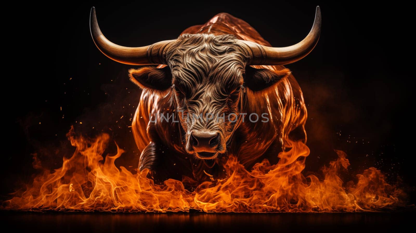 Front view of Big black burning bull galloping on fire, on a black background by Zakharova