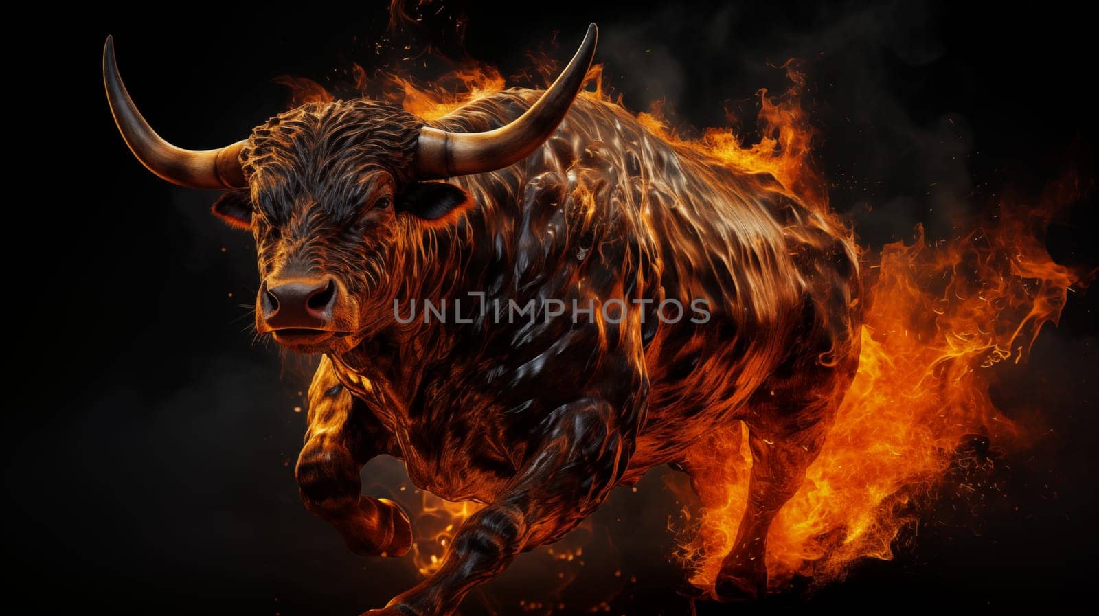Big black burning bull galloping on fire, on a black background,side view by Zakharova